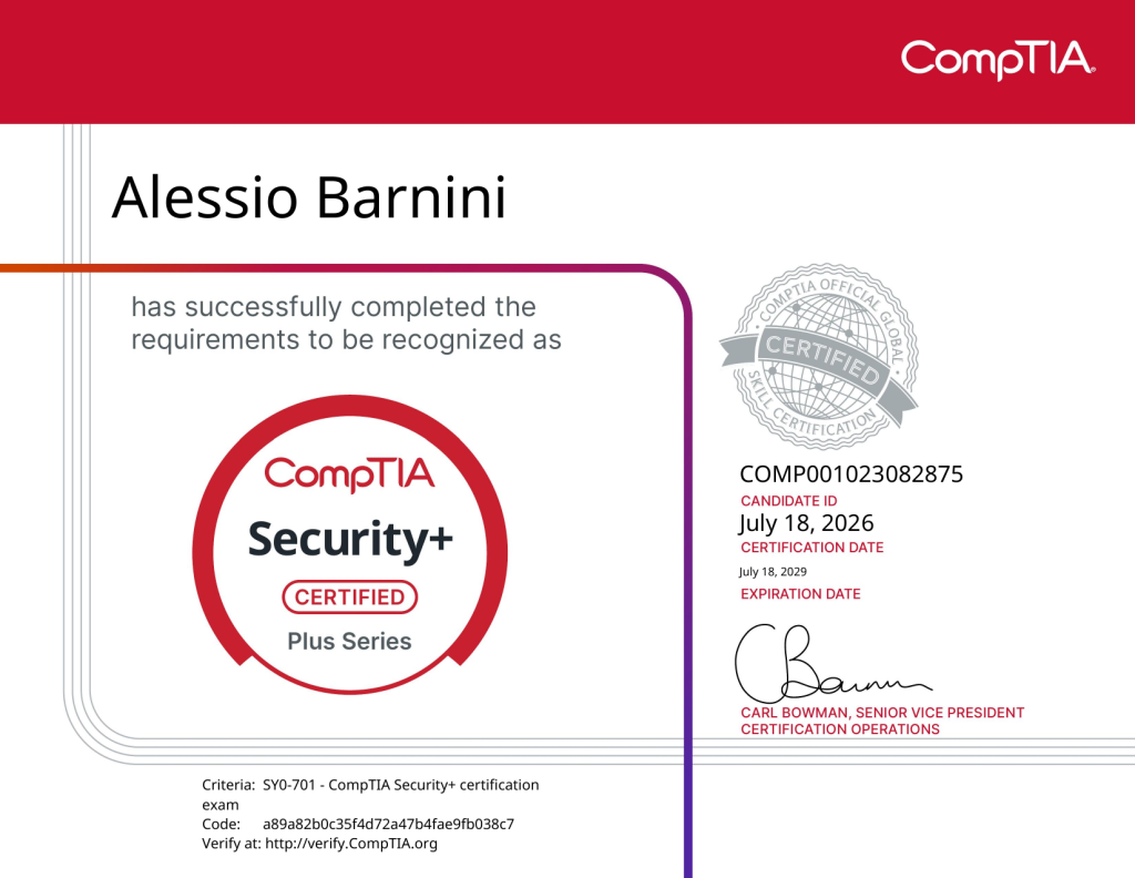 Certificazione CompTIA Security+ Alessio Barnini